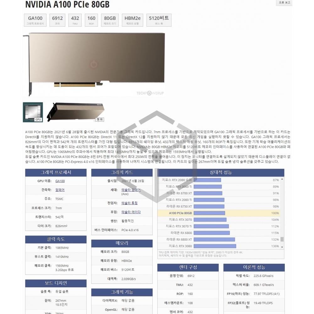 Nvidia Tesla A100 80G 빅데이터 딥러닝 인공지능 GPU 텐서플로우 tensor SUGARCUBE
